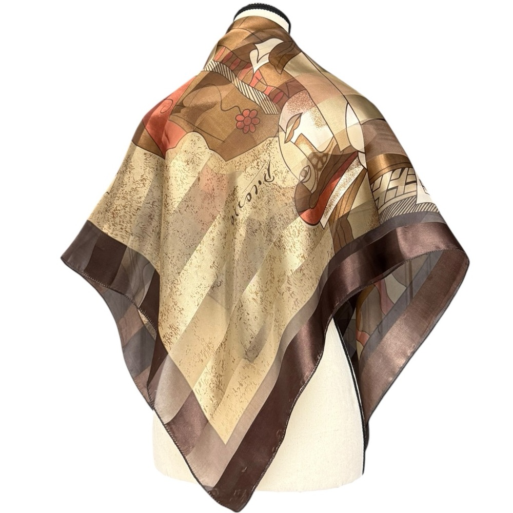 Vintage Picasso Abstract Silk Scarf Brown Earth Tones Large Semi Sheer Abstract - Picture 6 of 9